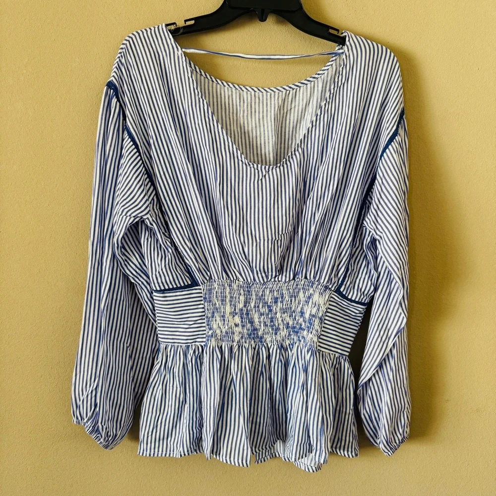 NWT Umgee Striped Puffed Sleeve Corset Top with Scoop Back Blouse Size S - Picture 7 of 9